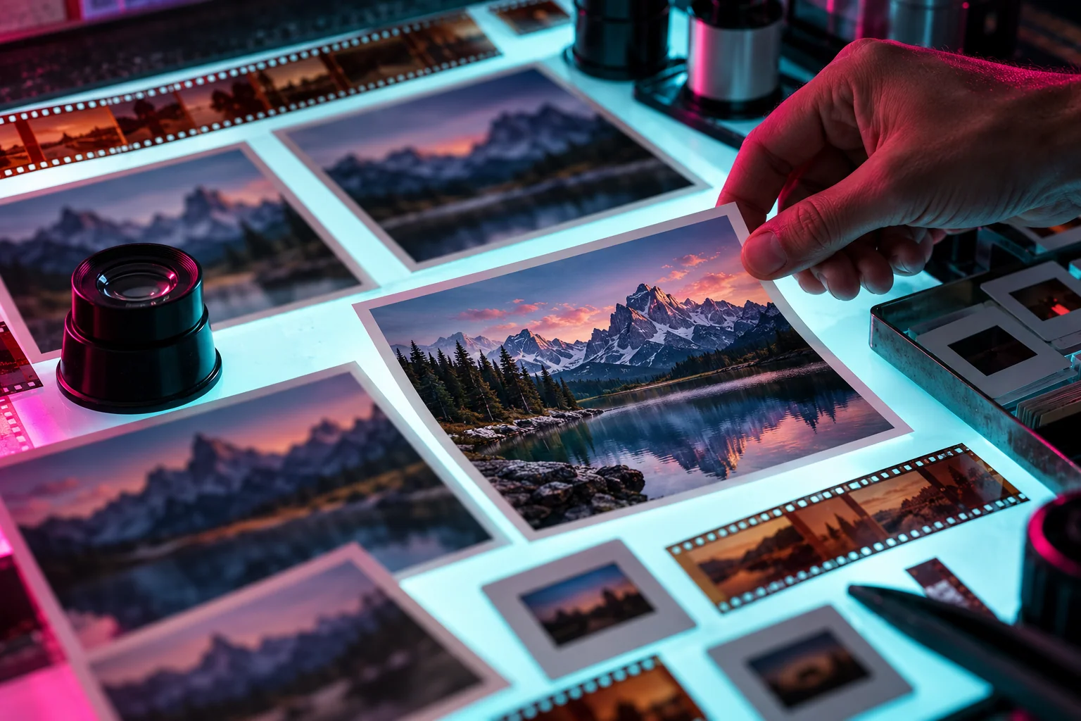 Izbor fotografija na svetlećem fotografskom stolu