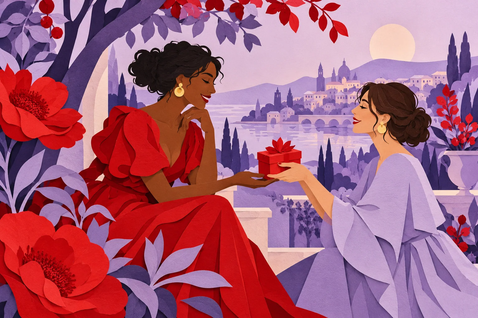 Papirna ilustracija prijateljstva i rođendanskog poklona za kumu