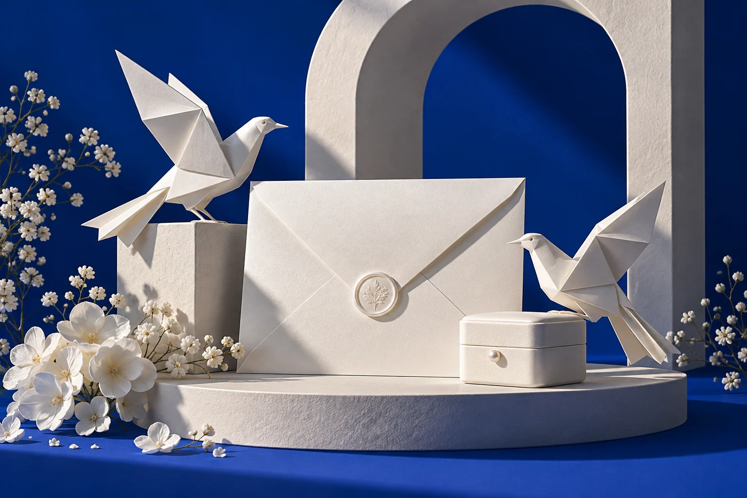Origami ptice i bela koverta kao simbol poklona mladencima