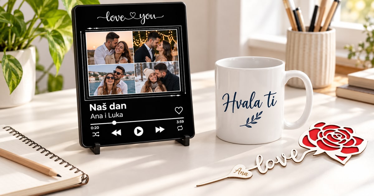 Muzički ram sa četiri slike, bela šolja sa porukom Hvala ti i drvena ruža sa imenom Ana na svetlom stolu