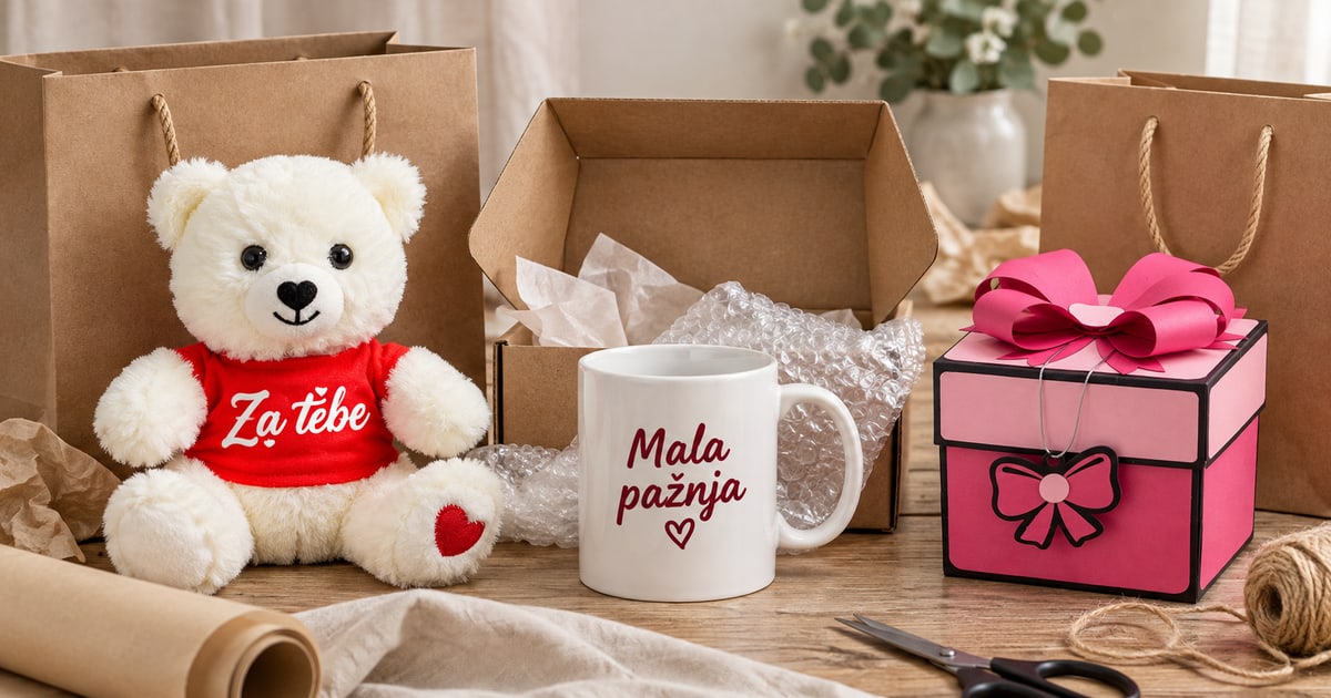 Beli Valentino meda, bela šolja i zatvorena roze Mašna kutija uz papirne kese i otvorenu zaštitnu kutiju
