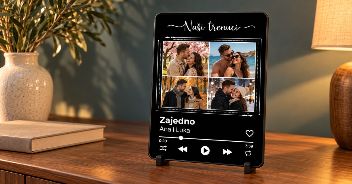 Crni muzički ram na dva postolja sa četiri fotografije para kroz godišnja doba, natpisom Naši trenuci i pet simbola plejera
