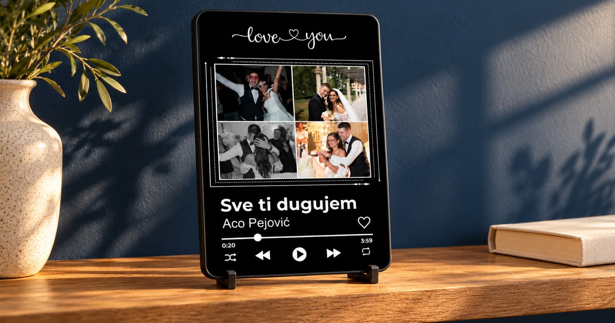 Crni muzički ram sa kolažom od četiri fotografije, natpisom i dugmetom za zvuk na drvenoj polici