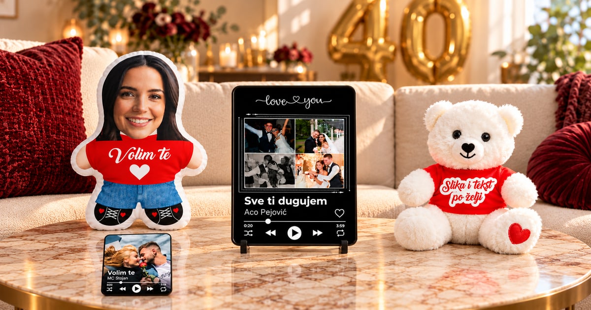 Ženski Mini Me jastuk, ram sa četiri fotografije, beli Valentino meda i muzički magnet na stolu za proslavu 40. rođendana