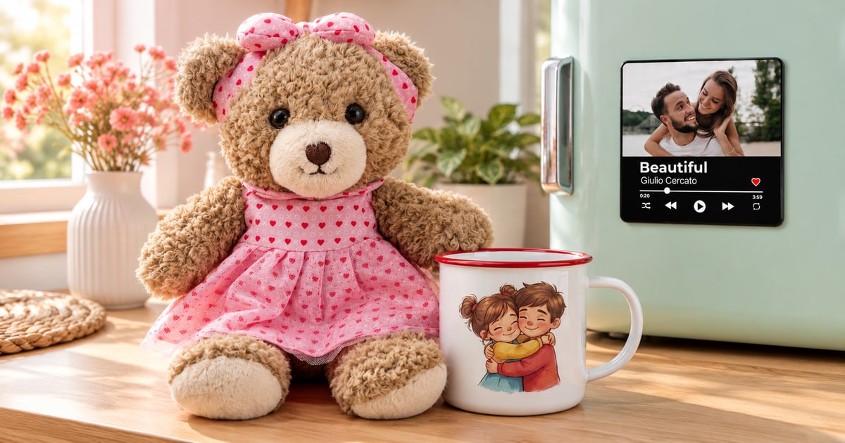 Meda Bella u roze haljinici, belo keramičko lonče sa crvenim rubom i muzički magnet na mint frižideru