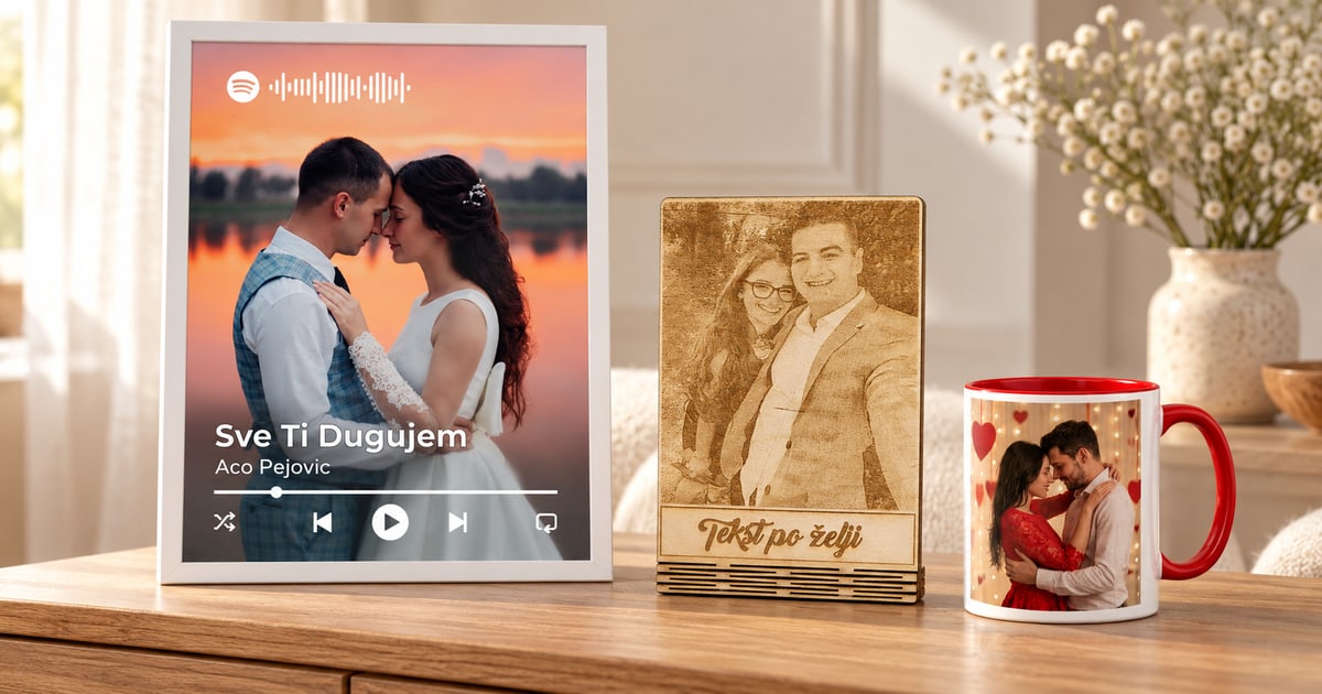 Beli ram sa posterom venčanja i pesmom, gravirana fotografija para na drvetu i šolja sa crvenom drškom