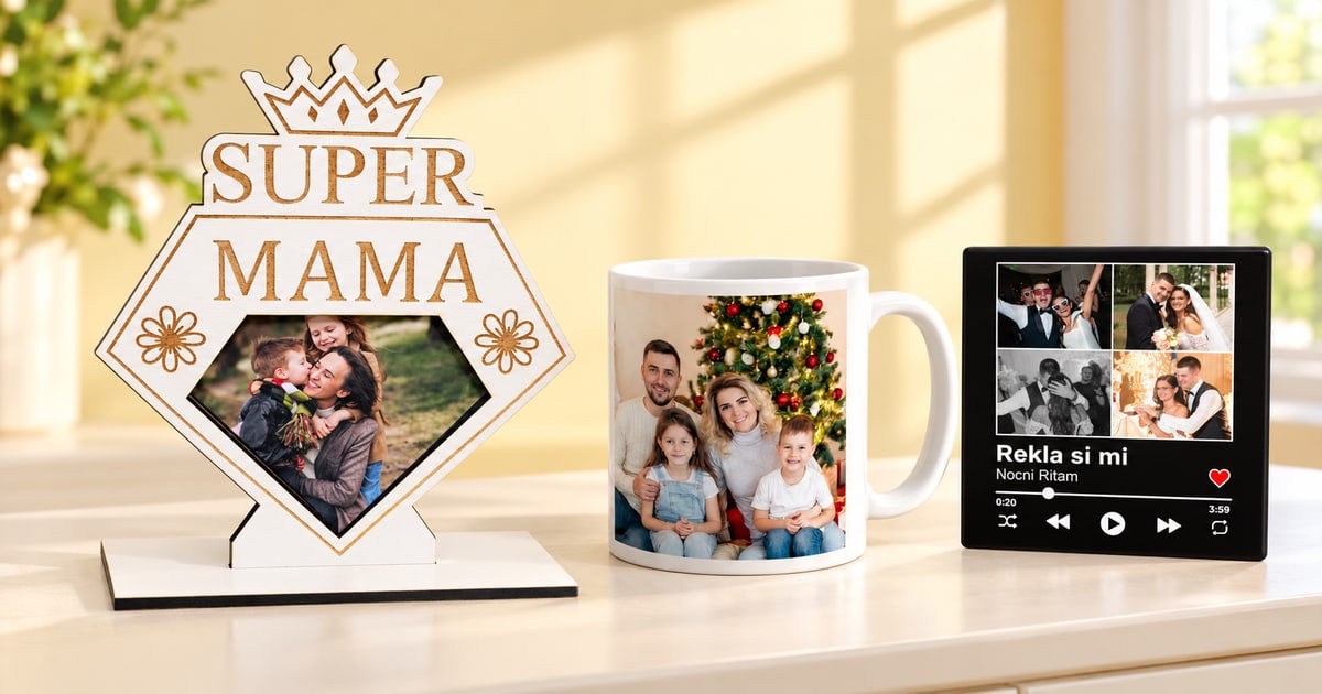 Drveno postolje Super Mama sa fotografijom majke i dece, bela foto šolja i muzički magnet sa četiri slike