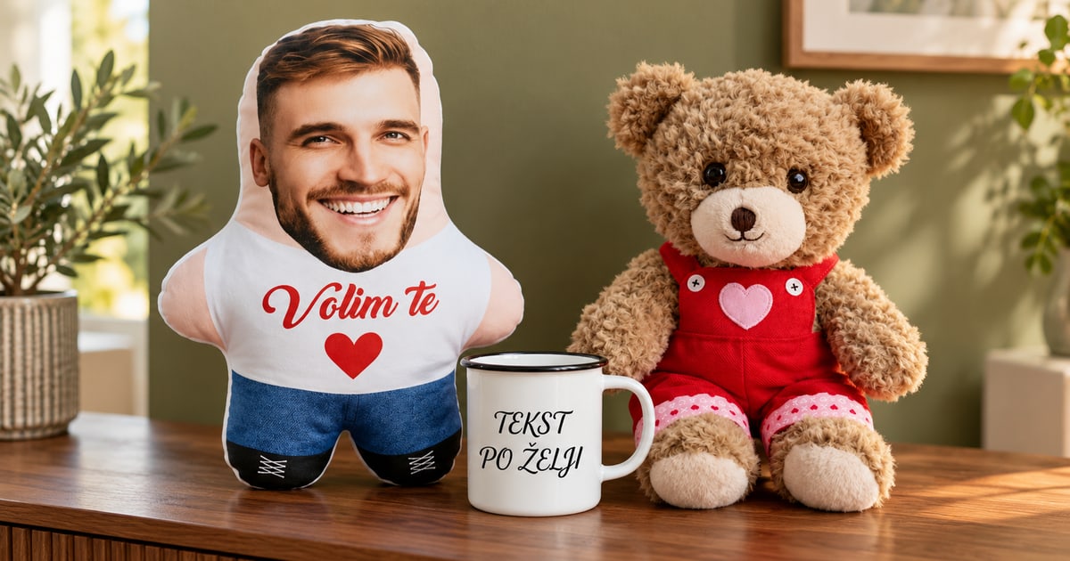 Mini Me jastuk sa likom muškarca, belo keramičko lonče sa crnim rubom i meda Tommy u crvenom odelu