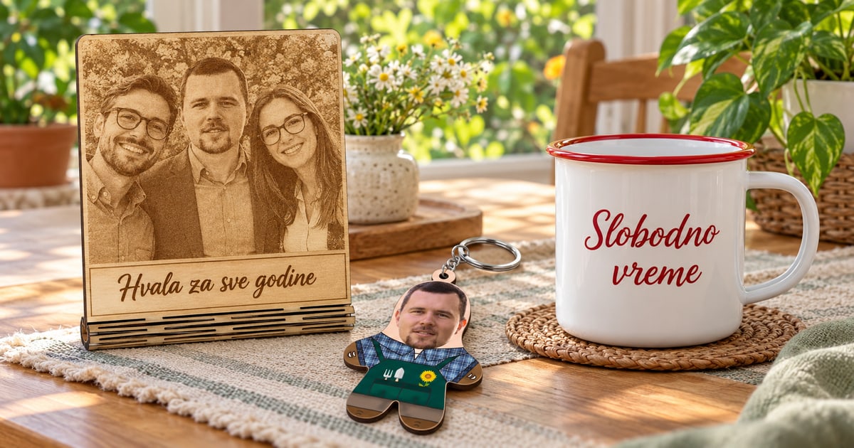 Primer gravirane zahvalnosti kolektiva, belo lonče sa crvenim rubom i natpisom Slobodno vreme i drveni privezak baštovana