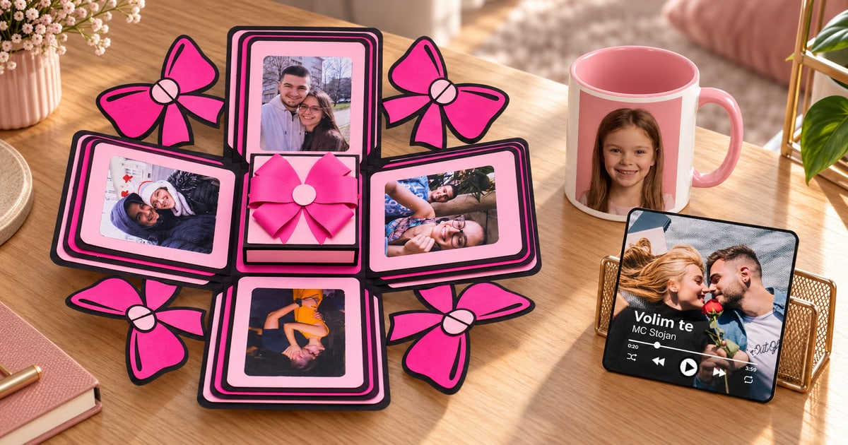 Otvorena crno-roze Mašna kutija sa četiri ugaone mašne, roze foto šolja i muzički magnet sa fotografijom para