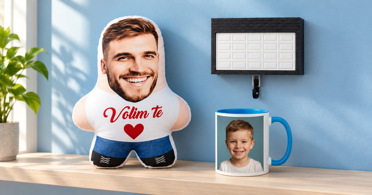 Mini Me jastuk sa muškim likom, šolja sa plavom drškom i fotografijom deteta i zatvoreni držač ključeva Garaža