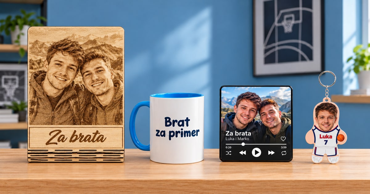 Primeri poklona za brata: gravirana plaketa braće, plava šolja, mali muzički magnet i košarkaški Mini Me privezak