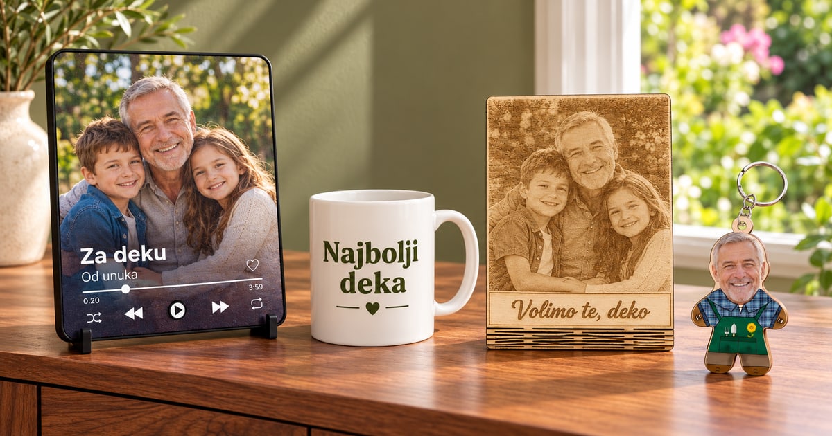 Primeri personalizacije za deku: porodični muzički ram, bela šolja, gravirana drvena plaketa i Baštovan Mini Me privezak