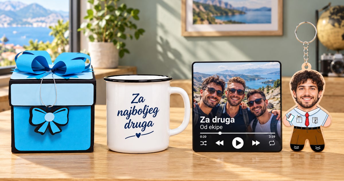 Plava Mašna foto kutija, keramičko lonče, muzički magnet sa fotografijom ekipe i kancelarijski Mini Me privezak