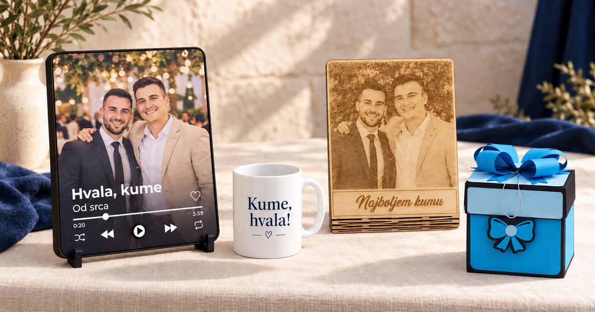 Primeri poklona za kuma: muzički ram, bela šolja sa posvetom, gravirana drvena plaketa i plava Mašna foto kutija