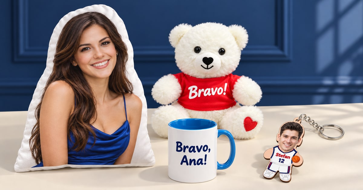 Foto jastuk sa portretom, beli Valentino sa štampom Bravo, plava šolja Bravo Ana i mali košarkaški privezak Stefan sa brojem 12