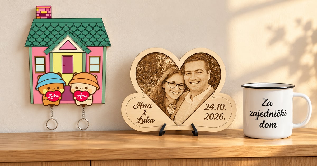 Bubu i Dudu držač sa dva priveska Luka i Ana, drveno srce sa fotografijom i datumom i belo lonče Za zajednički dom sa crnim rubom