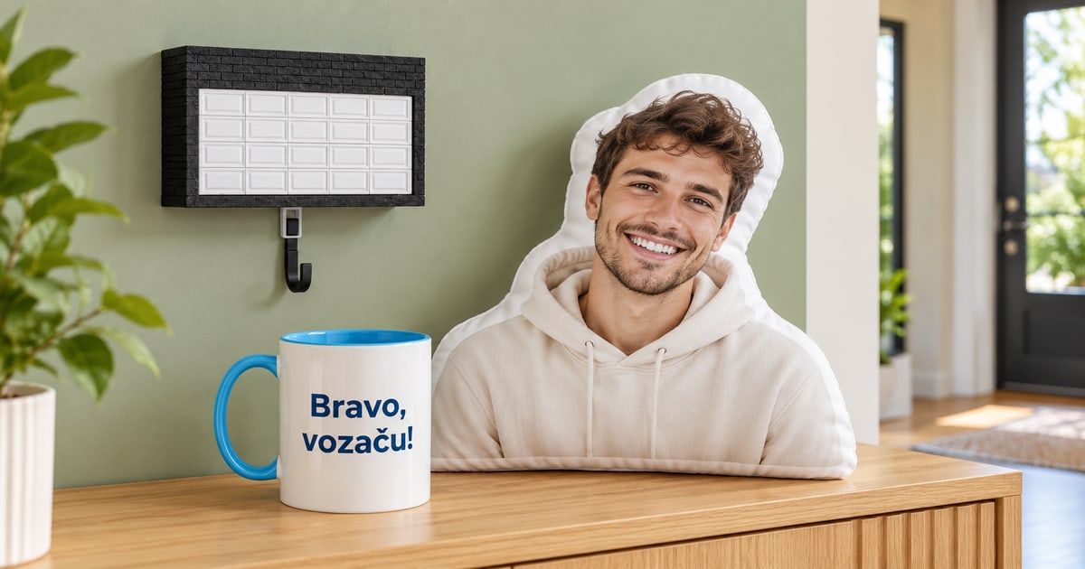 Zatvoreni zidni držač ključeva Garaža sa praznom kukicom, plava šolja Bravo vozaču i foto jastuk sa muškim portretom