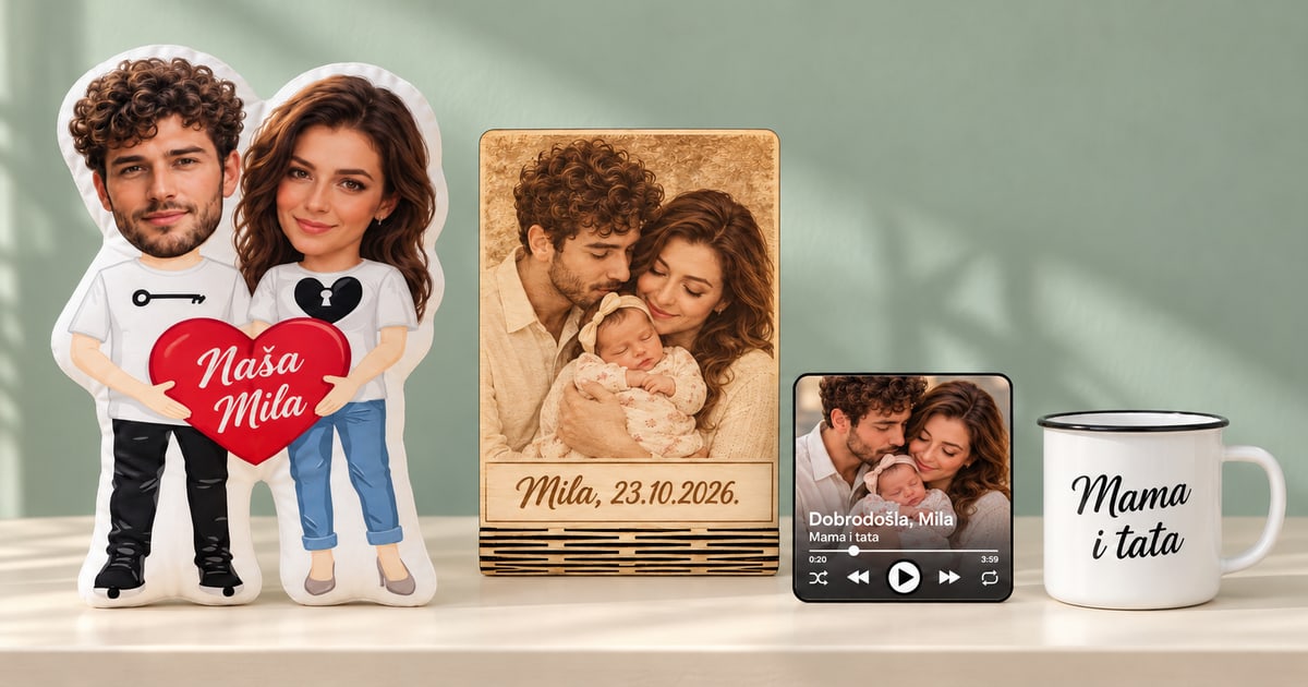 Jastuk Par sa likovima roditelja i tekstom Naša Mila, gravirana porodična fotografija, muzički magnet i belo lonče Mama i tata sa crnim rubom