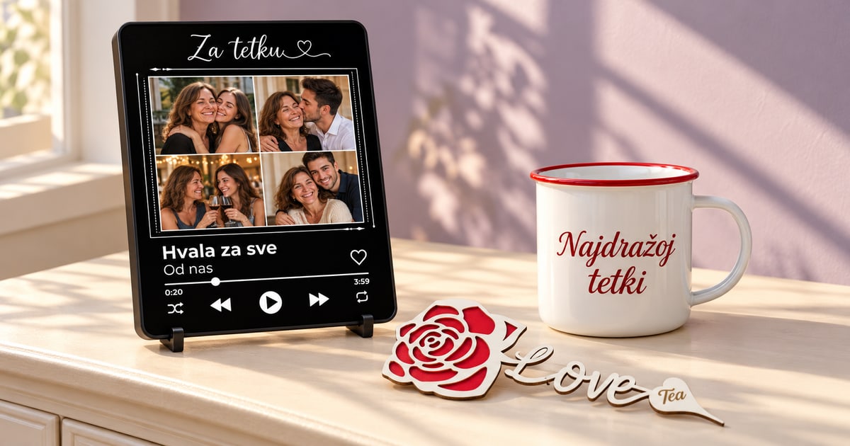 Muzički ram sa četiri porodične fotografije i zahvalnicom, belo keramičko lonče Najdražoj tetki i drvena crvena ruža sa imenom Tea