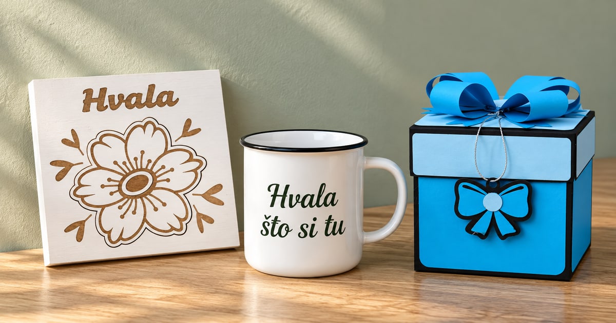 Beli drveni cvet Hvala, keramička šolja Hvala što si tu i zatvorena plava Mašna foto kutija