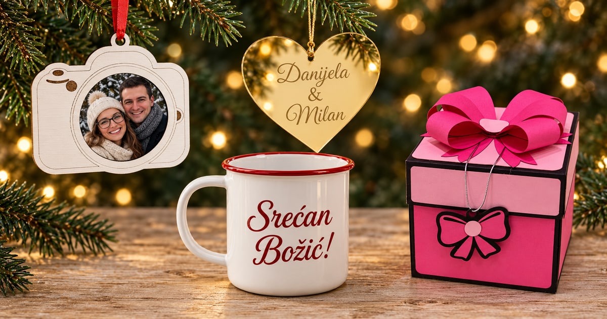 Beli fotoaparat ukras sa fotografijom para, zlatno srce sa imenima Danijela i Milan, lonče sa crvenim rubom Srećan Božić i roze Mašna foto kutija