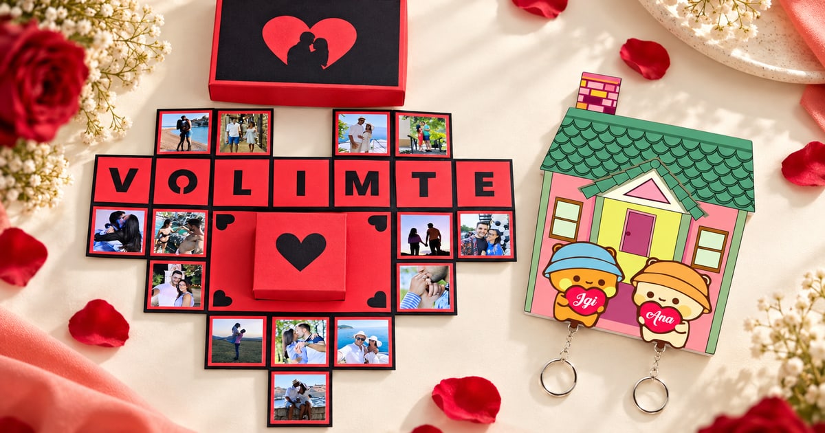 Otvorena crvena Heart Box kutija sa 14 fotografija i porukom Volim te uz Bubu i Dudu priveske sa imenima