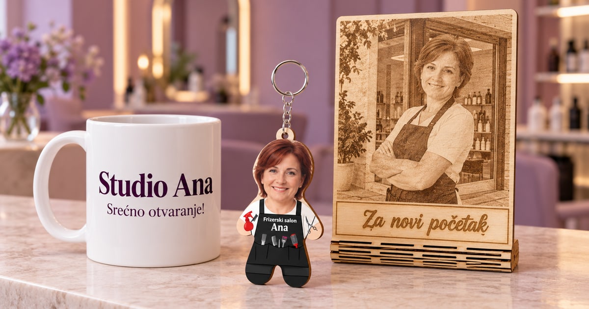 Bela šolja Studio Ana sa čestitkom za otvaranje, Mini Me frizerski privezak sa imenom i gravirana foto plaketa Za novi početak