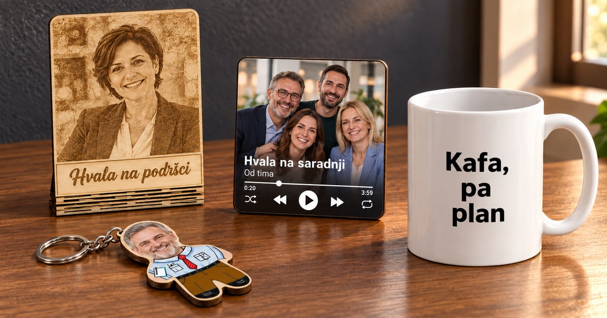 Gravirana fotografija Hvala na podršci, muzički magnet sa timskom slikom, bela šolja Kafa, pa plan i kancelarijski Mini Me privezak