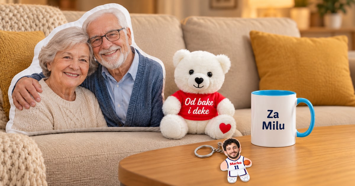 Jastuk u obliku portreta bake i deke, beli Valentino sa posvetom, plava šolja Za Milu i košarkaški privezak Marko sa brojem 11