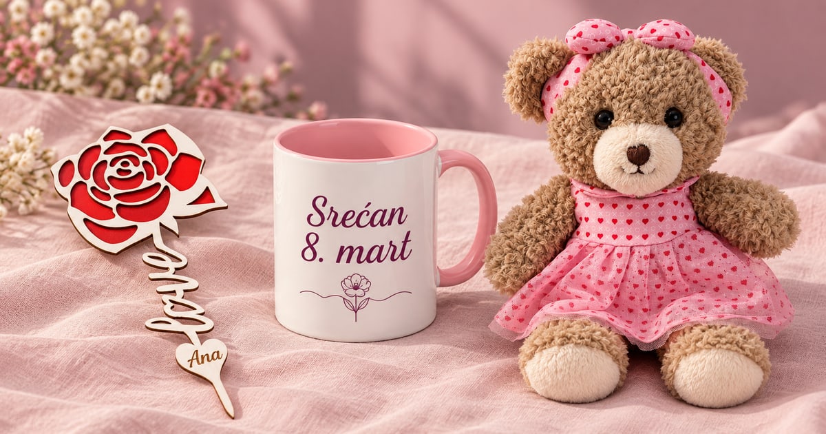 Drvena ruža sa imenom Ana, šolja sa roze drškom Srećan 8. mart i braon Bella meda u roze haljini