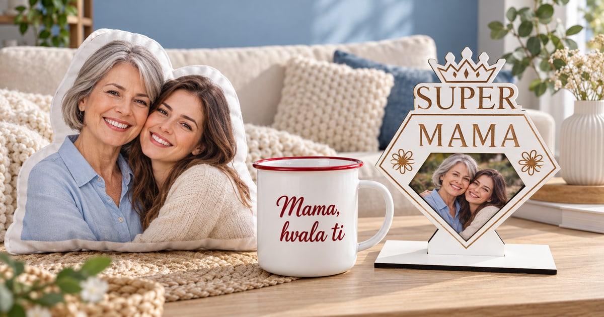 Foto jastuk sa mamom i odraslom ćerkom, keramičko lonče Mama hvala ti i drveno Super Mama postolje sa fotografijom